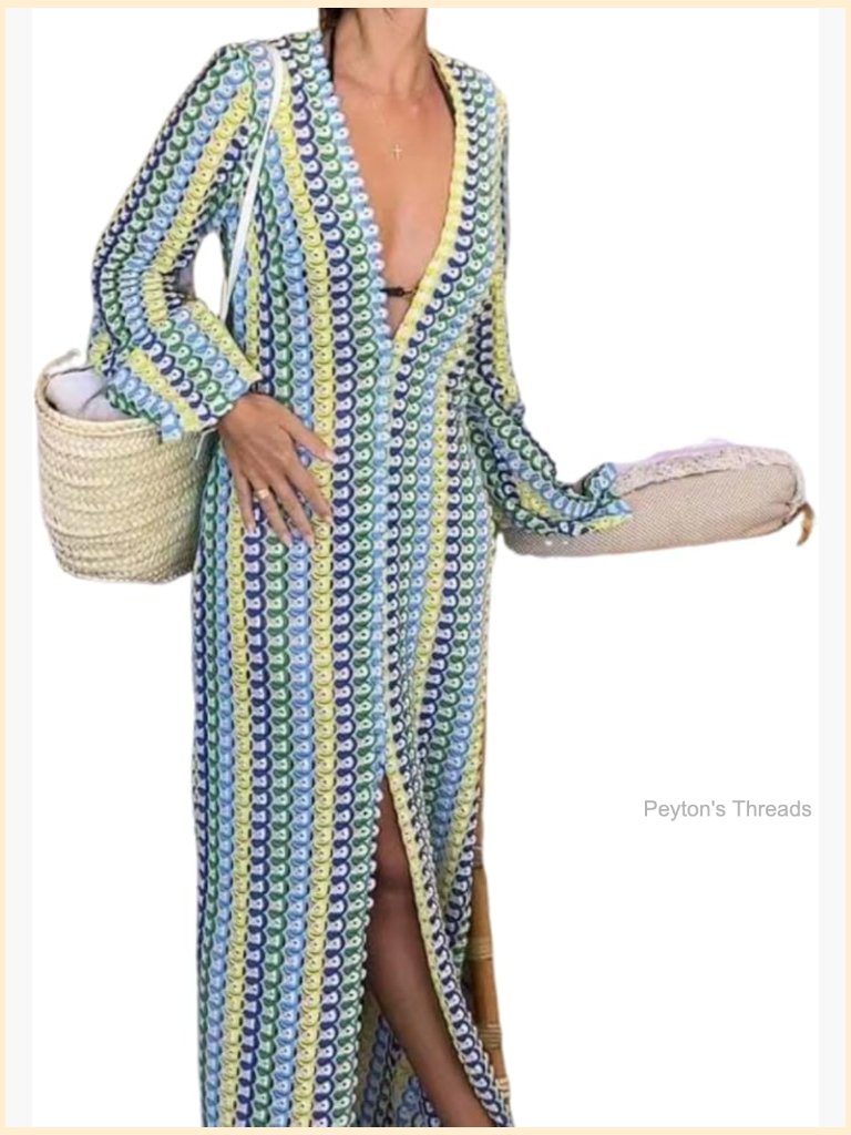 Crochet Bell Sleeve V Neck Loose Maxi Dress With Slit Boho Eyelet Sundress